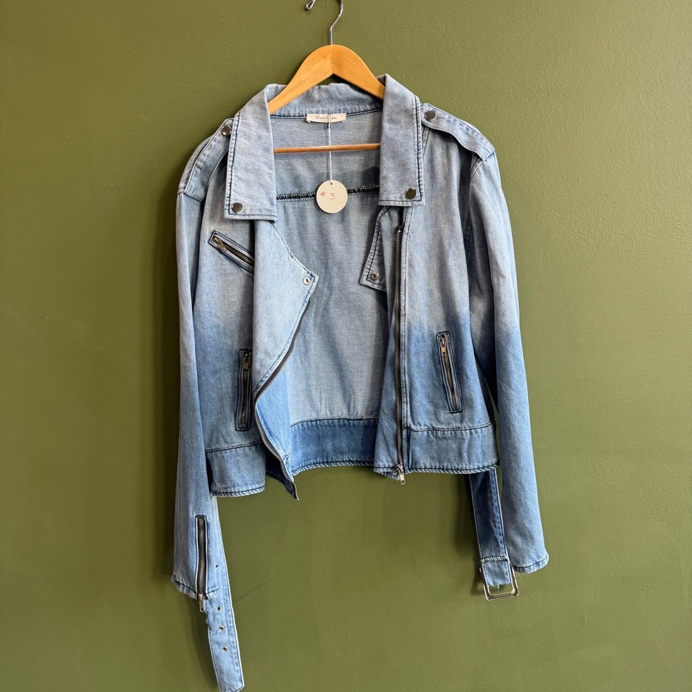 Wisteria Lane Stretch Denim Moto Jacket Zipper Belted NWT $78 X-Large‎ Jean #3 - Picture 2 of 15